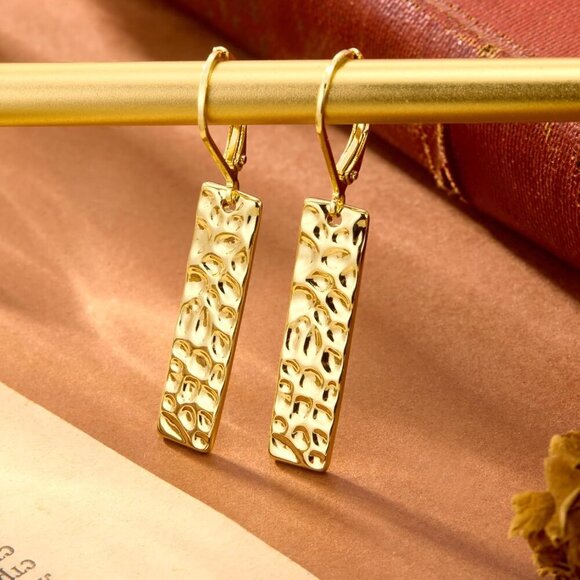 14K Gold Plated French Lightweight Square Bar Long Drop Leverback Earrings - Picture 6 of 8